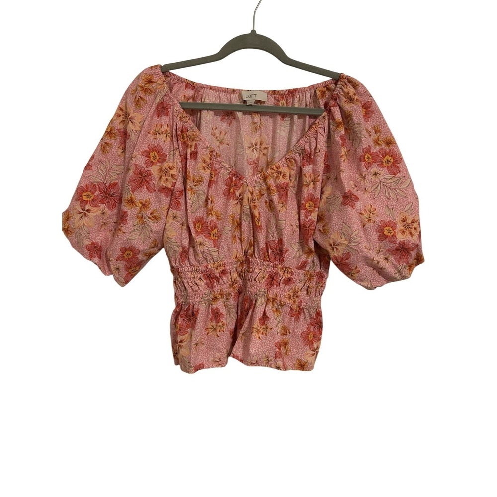 Loft Pink Floral Smocked Waist Puff Sleeve Blouse Top Womens Medium Boho Cotton